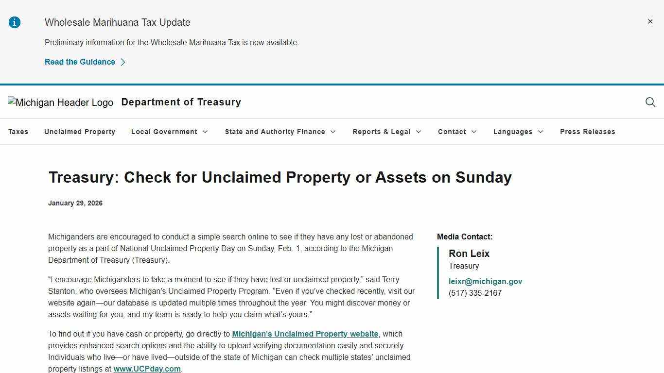 Treasury: Check for Unclaimed Property or Assets on Sunday