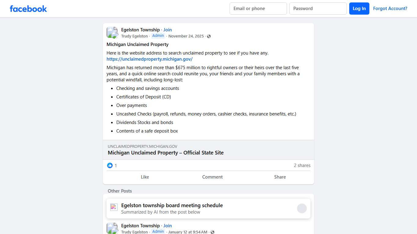 Egelston Township **Michigan Unclaimed Property ** Facebook