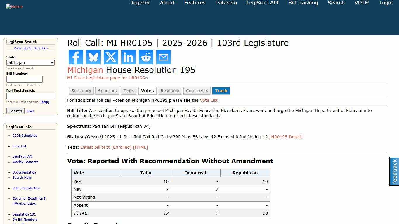 Roll Call: MI HR0195 2025-2026 103rd Legislature LegiScan